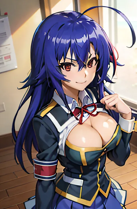 Best Quality, masutepiece, Portrait, 1girl in, Kurokami Medaka, Red Eyes, Blue hair, Long hair, Ahoge, Large breasts, School uniform, cleavage cutout, Clothes Cutout, Pleated skirt, crass room, Looking at Viewer, Smile,