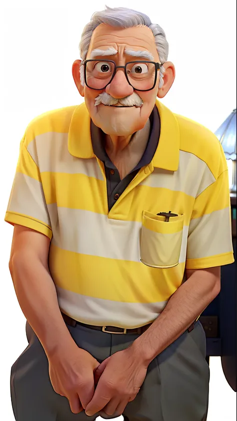 A wise old man standing in front, illuminated by the light of a lamp, against the backdrop of a library