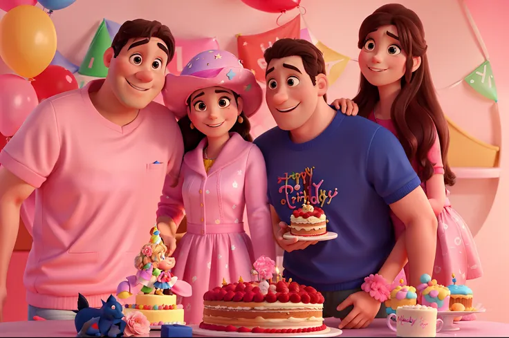 Family around a birthday cake, estilo disney pixar, alta qualidade