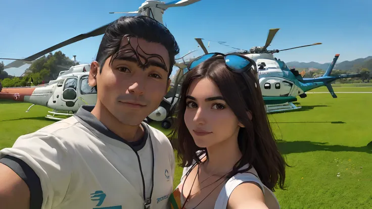 Man and woman taking a selfie in front of a helicopter, Alex Yanes, foto de perfil, imagem de perfil, foto de perfil, imagem do avatar, vacation photo, Parque em segundo plano, foto do perfil, Directed by: Alejandro Obregon, Lorena Avarez, foto de perfil 1...