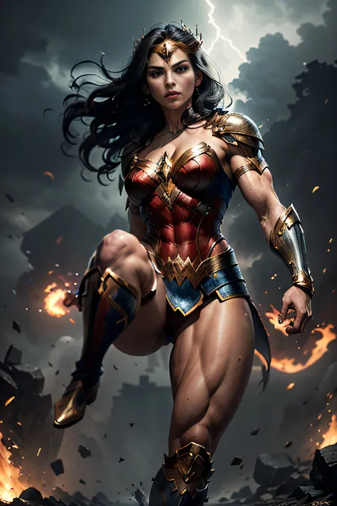 (best quality,4k,8k,highres,masterpiece:1.2),ultra-detailed,(realistic,photorealistic,photo-realistic:1.37),Hermosa y exhuberante Wonder Woman,portrait,dark background,sharp focus,intense colors,detailed armor,long flowing hair,confident expression,thick e...