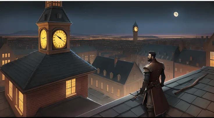 A full color drawing of a 16th century male assassin on a rooftop at night overlooking a city. a clocktower is in the distance