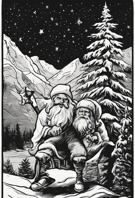 /imagine prompt: Santa Claus vintage illustration for a sticker with a black background, in bold outline style, jagged edges, trashcore, light shading --v 5.2