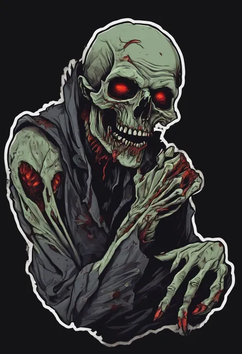 /imagine prompt: zombie ghoul illustration for a sticker with a black background, in bold outline style, jagged edges, trashcore, light shading --v 5.2