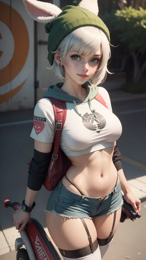 gwen tennyson,tracer,yorha 2b,yshtola rhul,overwatch,nier automata,mecha pilot,central park,tattoos,orange and pink plugsuit,white short sleeve top,denim micro shorts,garter belt, uncovered belly,short hair,cute makeup,green eyes,dimensional silver hair,se...