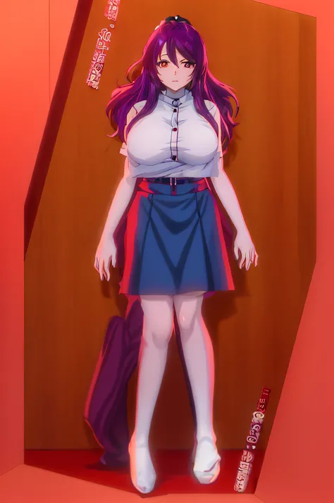 Anime girl with purple hair and blue skirt standing in front of brown background, Misato Katsuragi, hyuga hyuga, !!Full body portrait!!, Yandere. Tall, mayuri shiina from steins gate, ecchi anime style, gapmoe Yandere, anime moe art style, Marin Kitagawa f...