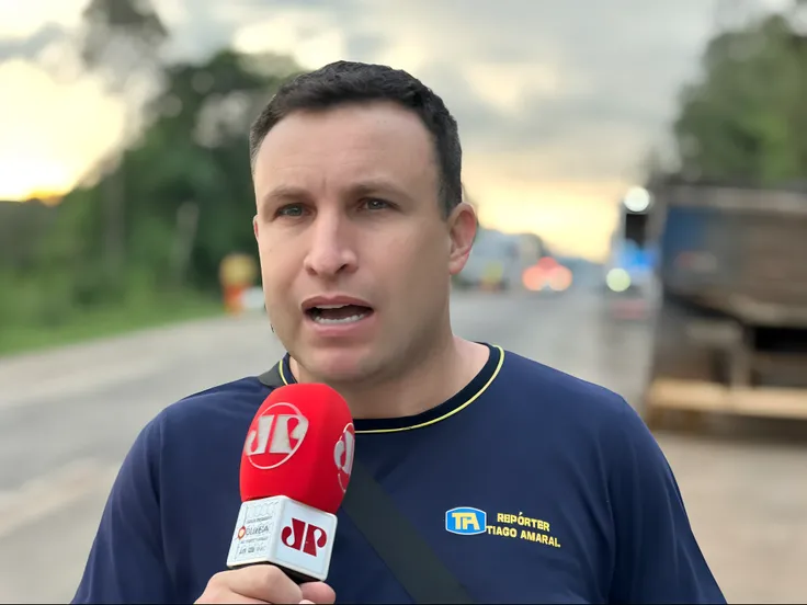 Man with microphone in front of a truck on a highway and with police cars.