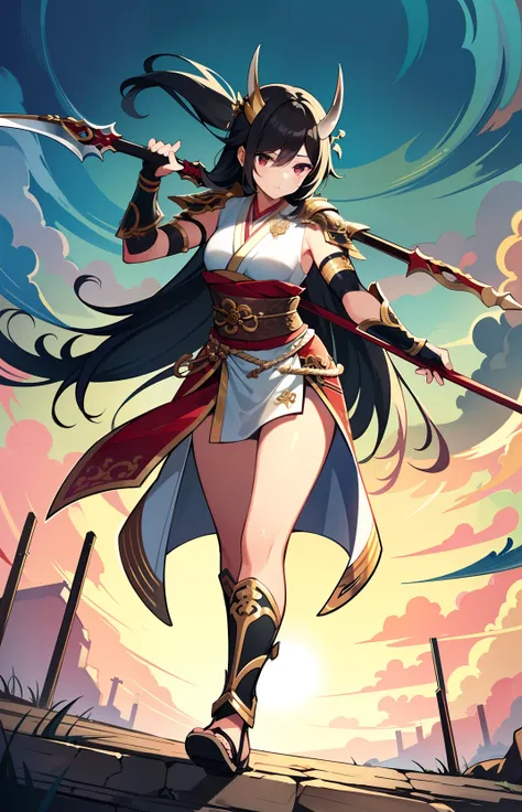 masterpiece, best quality, finely detailed, high resolution, extremely delicate and beautiful, stunning, 1girl, solo, oriental nobless, warrior girl, combat arts, holding halberd, oni, monster army