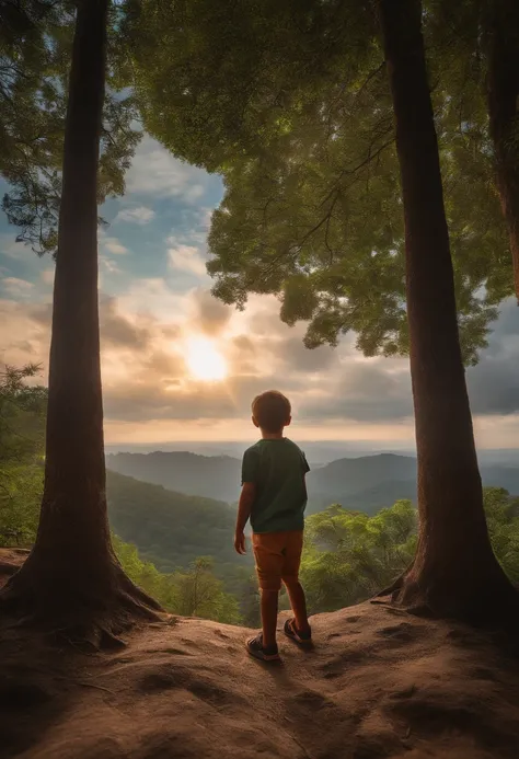 (alta qualidade, 4k, HDR) 1 child boy, aventureiro, kalap, roupas de trilha, corajoso aventureiro, Beautiful colors in the sky, birds in the background, bicho, Floresta harmoniosa em larga escala, Pants. (master part, ultra-realistic professional lighting,...