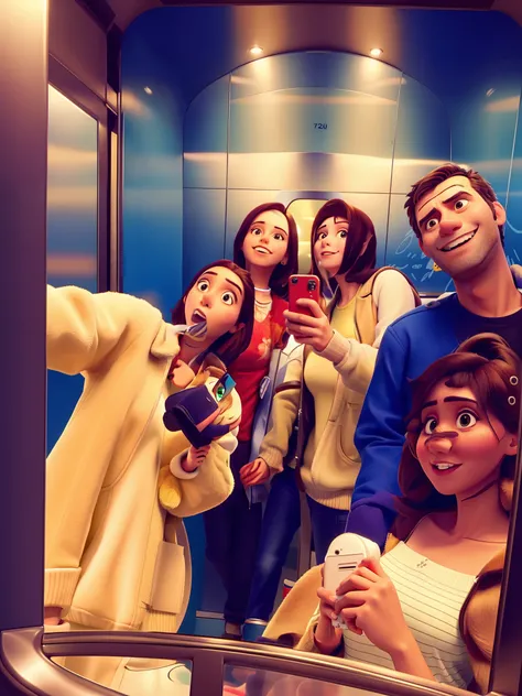 There are four people taking a selfie in an elevator, grupo de pessoas em um elevador, em um elevador, no elevador escuro, elevador, inspirado em Leandro Erlich, portas de elevador parecem uma boca, com rostos molhados!!, Fotografia tirada em 2 0 2 0, com ...