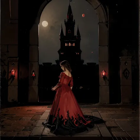 Gothic castle at night, 5 moons, Girl in a red dress standing at the entrance, A large castle compared to the silhouette of a girl