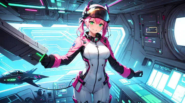 ​masterpiece, 1girl ((20year old, dressed in a tight space flight suit, boots, medium breasts, multicolor pink hair, twin ponytails, perfect model body, green eyes:1.5, flirting, happy, big smile, wearing a futuristic pilot helmet, standing in a spaceship ...