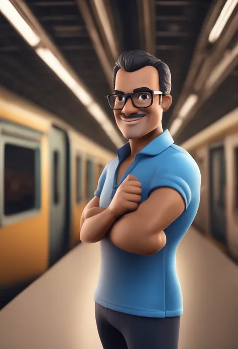 Cartoon character of a man with black glasses and a blue polo shirt, engenheiro, 40 anos de idade, cabelo com gel, olhos altamente detalhados,animation character, caractere estilizado, animation style rendering, 3D estilizado, bonito, In the background, se...