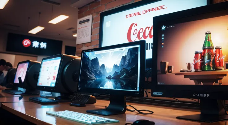 Internet cafe,Computer screen,Coke bottles