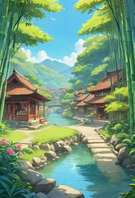 (best quality,4k,8k,highres,masterpiece:1.2),ultra-detailed,(realistic,photorealistic,photo-realistic:1.37),landscape,scenery,grass field,river with fish,fish swimming in river,blue sky,village area,anime,javanese traditional village Javanese traditional v...