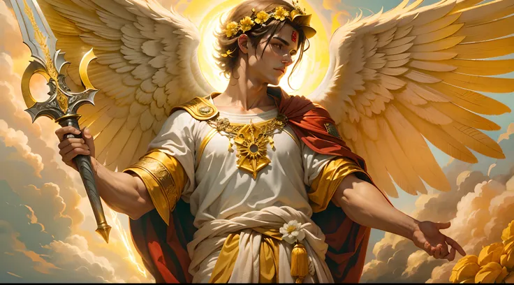 Closeup of an image a man angel with a large and long sword with attack position in right hand, in the other left hand holding a scale, Angel dressed as a Roman soldier looking at the ground, arcanjo homem com asas grandes, o anjo da fortuna, perfeito, Rea...