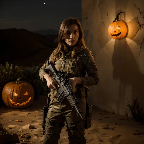 8k , quality, Artwork,arme , fusil dassaut FAMAS, halloween, palmier , desert wasteland, soir , halloween, citrouille