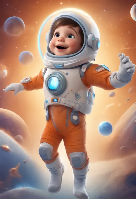 (a very happy and energetic, cute kid with short hair, wearing a space costume, standing in a dynamic pose, on a white background, with a barnet, in a toon art style resembling Pixar movies, created in stunning 3D, with cartoonish features and a detailed f...