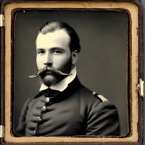 daguerrotype of black man dressed in 1700s style military officer clothing with beard and mustache,