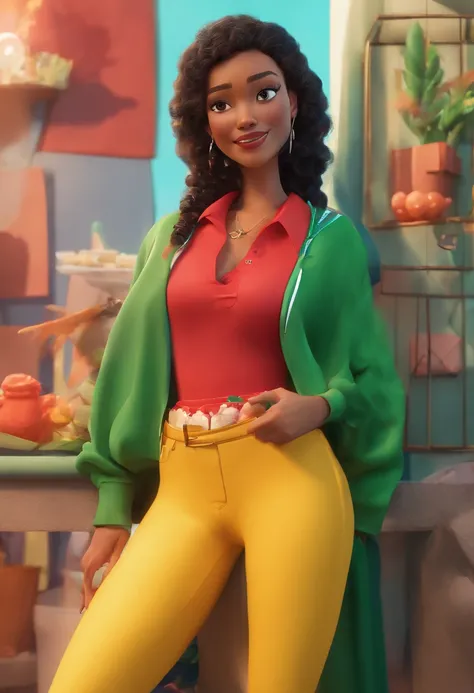 Estilo Disney Pixar Animations, Woman in red shirt and green pants posing for a photo, felix kelly, camiseta vermelha, voar, julia fuentes, Mulher de 30 anos de Cuba, foto de corpo inteiro, Nilo, Directed by: Félix Ziem, camisa vermelha, Parece Fabiula Nas...