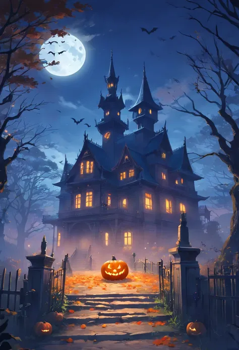 highres, masterpice:1.2, HDR, ultra-detailed, realistic, eerie, Halloween-themed, dark atmosphere, haunted, spooky, intricate brush strokes, vibrant colors, mystical lighting, ghostly figures, creepy pumpkin, witch flying on a broomstick, haunted house, mo...