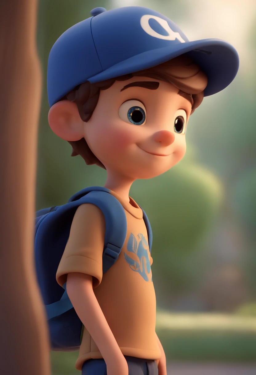 A happy cute boy standing short hair with dark blue cap , vestindo uma camisa azul , , fundo branco, barnet, Tom, Estilo Pixar, ......3d, desenhos animados, rosto detalhado, asymmetrical 16k