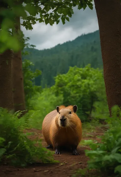 Capybara animal with forest behind