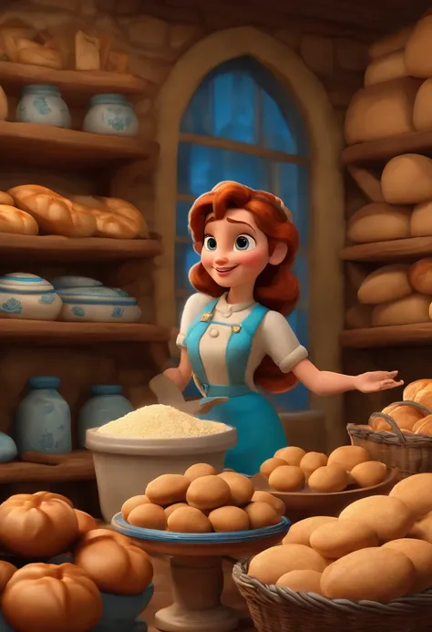 criar um ambiente de uma padaria, um forno a lenha, uma bancada de trabalho enfarinhada, with several bags of flour, buns, lodes, baquetes, banettons. disney pixar, melhor qualidade, alta qualidade