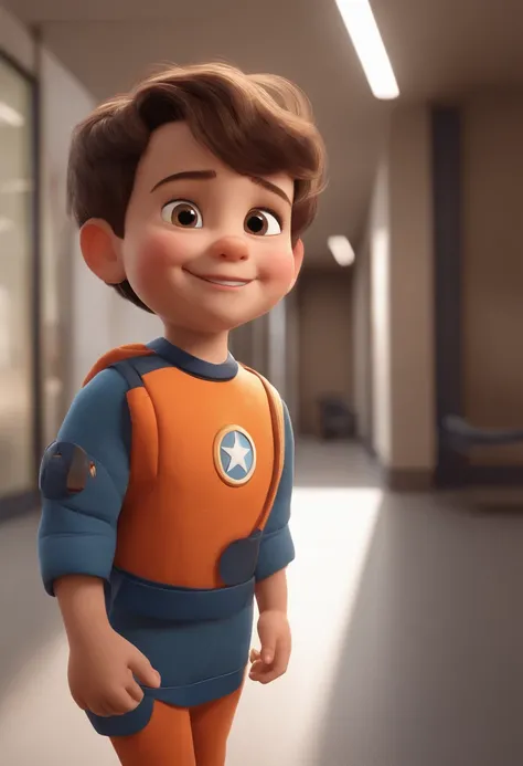 a happy cute kid standing short hair, vestindo uma fantasia espacial, , fundo branco, barnet, toon, estilo pixar, 3d, desenhos animados, rosto detalhado, asymmetrical 16k