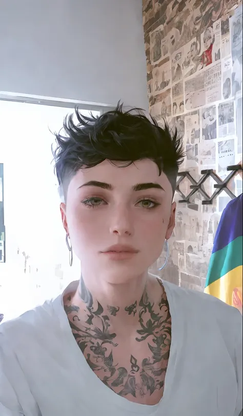 Woman with a tattoo on her neck and neck, androgynous face, androgynous person, imagem de perfil, mulher queer, androgynous, androgynous male, beautiful androgynous girl, brincos enormes e maquiagem queer, Marischa Becker, foto de perfil, non binary model,...