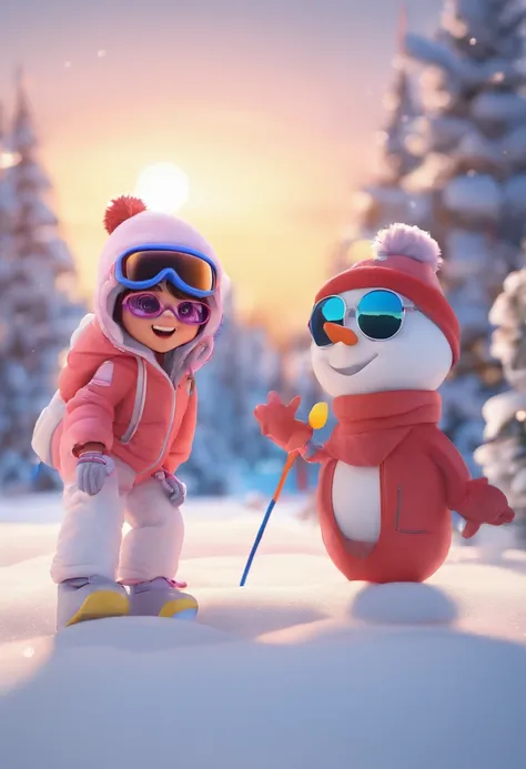 Estilo Pixar: A girl and a woman in sunglasses in ski suits playing in the snow with a snowman