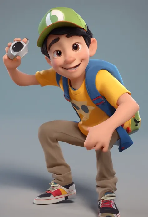 Make a Disney Pixar 3D character of a light-skinned boy with cap and black hair holding sony fx30 film camera