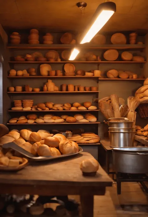 bancada de trabalho de uma padaria. sobre a mesa farinha em sacos de papel, rolo de massa de madeira, a wooden shovel for furnace. ao fundo um forno a lenha com fogo dentro. On the shelf next to baked breads, baquetes, lodes, bastards. disney pixar, melhor...