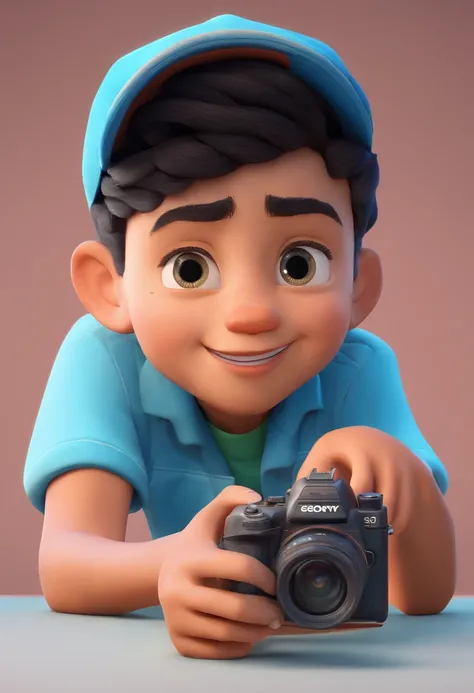 Make a Disney Pixar 3D character of a light-skinned boy with cap and black hair holding sony fx30 movie camera