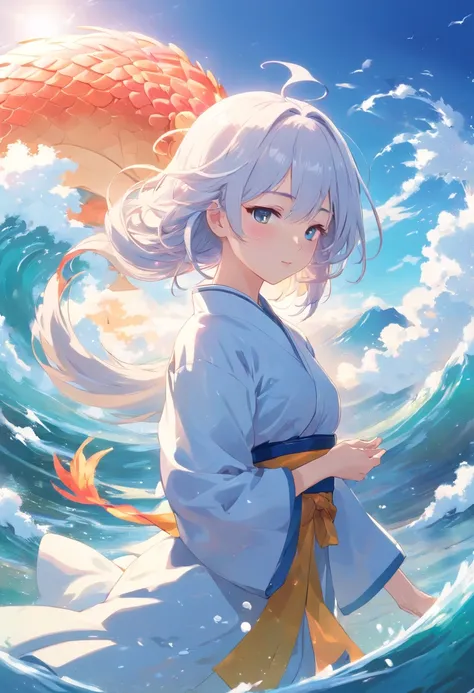 ((Masterpiece,Best quality)),(1girll, Solo:1.4),美丽细致的眼睛，floated hair，white backgrounid，Buble，Fluorescence，Water made up of girls，Gorgeous Chinese costumes,clean backdrop，National tide wind，​​clouds，wave，Eau，wave，Water Technique，1girll，Flying long hair，flor...