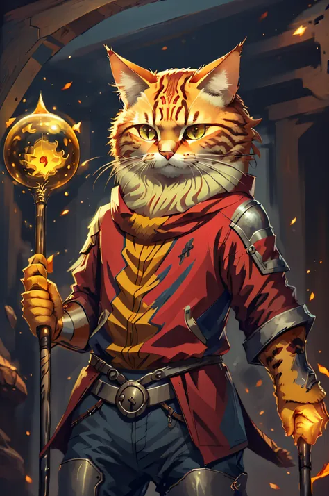 gato,mago,anthropomorficfic,roupas vermelhas,kalap,staff with amber orb