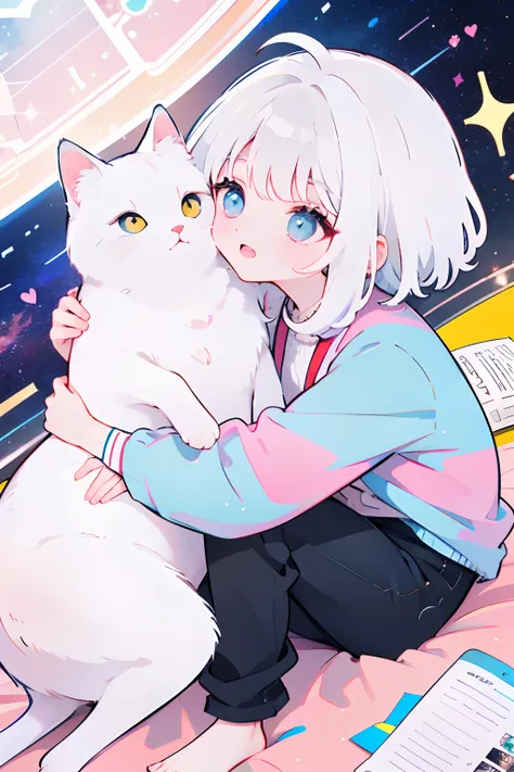 eine Katze，Pure white-haired cat，cosmic starry sky，adolable，love heart