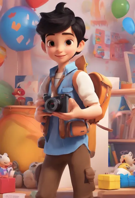 disney pixar 3d character of a fair-skinned boy with a black cap and black hair holding a sony fx30 film camera, (best quality, ultra-detailed, realistic:1.37), vibrant colors, studio lighting, [3d rendering], [captivating expression], [playful pose], [out...