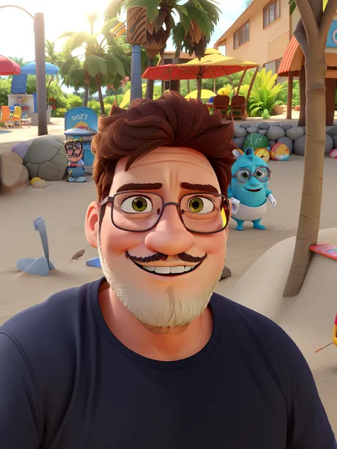 Crie para mim Personagem de desenho animado uma imagem 3D estilo Pixar/Disney, renderizado com um homem, sun glasses, em uma barraca de praia. Um pouco de barba e sorrindo!