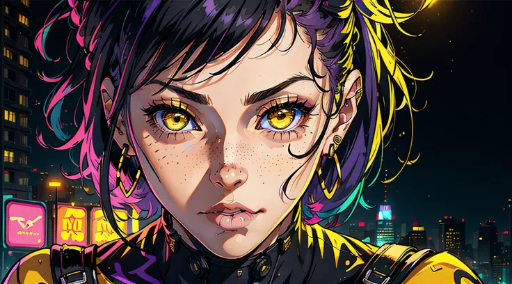 1girl,solo,colorful,yellow eyes,cyberpunk,city,peace sign,earrings,purple hair,eye patche,freckles,prothesis,mechanic,neon,beautiful lighting,purple reflection,cap,smoking,character focus,cg illustration,bust shot,yellow and black outfit,black hair,