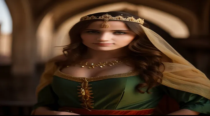 mulher arafed em um vestido verde e uma coroa de ouro, princesa medieval, vestidos com roupas medievais, estilo medieval, vestindo roupas medievais, retrato medieval, usando uma coroa e capa verde, princesa feminina bonita, vestindo roupas elegantes Tudor,...