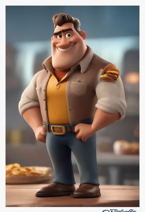 personagem dos desenhos animados de um homem com barba comprida grisalha e uma camisa preta escrito "THE ROCK" no lado direito do peito, leaning against a burger counter, ao lado de um enorme hamburguer com fritas e refrigerante, and animation character, C...