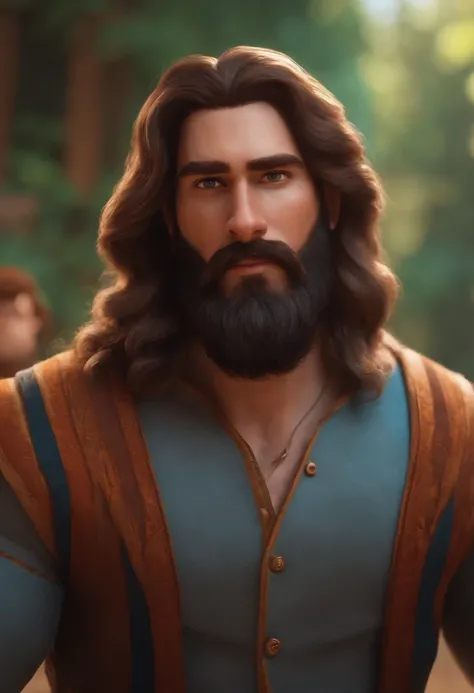 Image of a man with long hair and beard for a story in a YouTube video in Pixar format, Hes the little allabester, Hes the class leader, Hes outgoing, Playful and gets up for a lot of things.