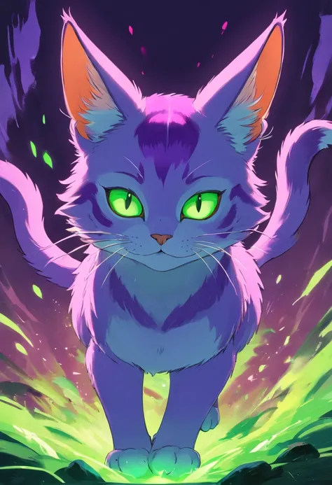 drawing of a scarred purple cat with green eyes and a green tail, professional furry drawing, some green and purple, an feral cat, feral cat, demon cat, purple cat, fursona art, furry mawshot art, furry art!!!, toxic cat, cat from the void, weirdcore voidp...