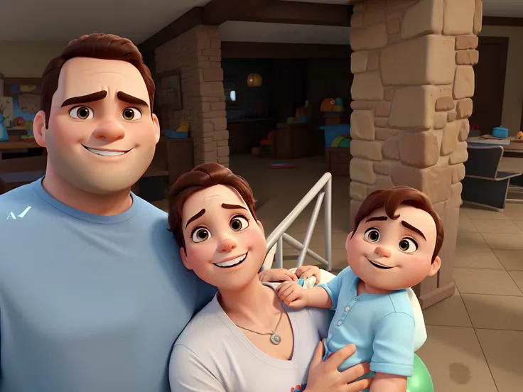 um homem, A woman and a baby man, estilo disney pixar, alta qualidade, melhor qualidade