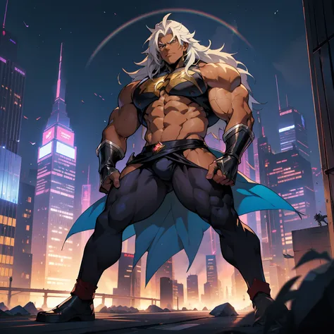 ((Anime style art)), Extremely muscular masculine character, dark skin, long rainbow hair, blue,, bodybuilder body, ripped clothes , 8-pack, erotic, crystal armor, ,  tower cityscape, Busy route, Buildings, person
AS & Vehicles. Main character from the ani...