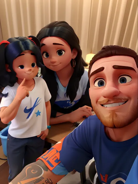 Homem moreno camiseta azul da Nike, Little beard making jewelry with hand, mulher cabelo longo escuro pele branca com blusa preta, menina de 6 anos cabelo preto com Chiquinha vermelha no cabelo, todos sorrindo