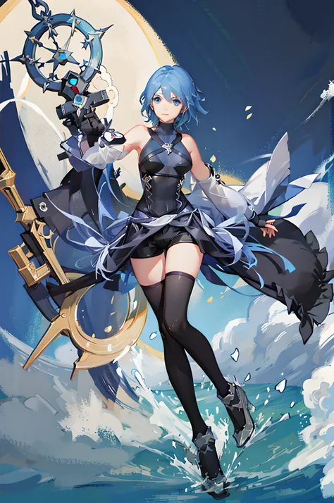 aaaqua, 1girl, absurdres, close up, portrait, view from the front, upper body, masterpiece, blue eyes, blue hair, breasts, chest strap, elbow gloves, gloves, highres, (skirt), (kingdom hearts), looking at viewer, transparent water floor, smile, solo, clear...