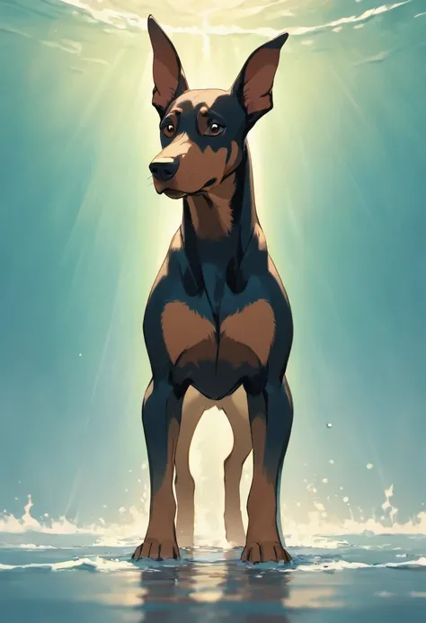 Doberman dog standing on 4 legs in water near shore. respingando ondas, water reflections, raios de sol, Belas Nuvens