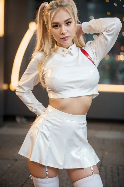 "best quality,ultra-detailed,realistic:1.37,professional,(vivid colors,bokeh),portrait,(concept artists,photography),(sharp focus),(physically-based rendering),Gorgeous young sexy girl,blonde hair,space buns,white latex blouse,red latex skirt,white latex s...